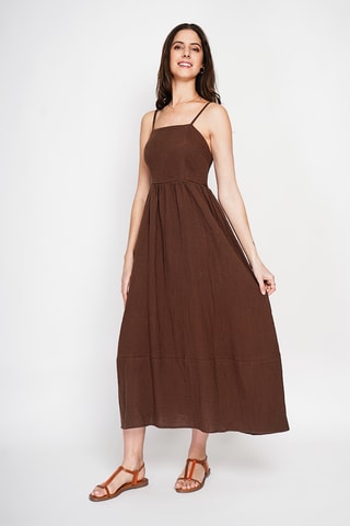 Abito midi in lino - Bianco - Marrone