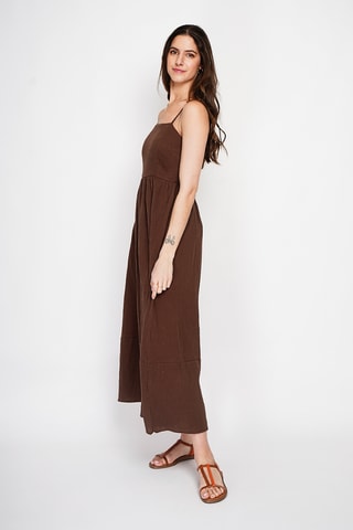 Abito midi in lino - Bianco - Marrone