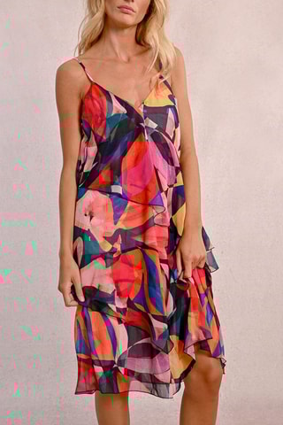 Abito con volant - Rosa scuro e petrolio