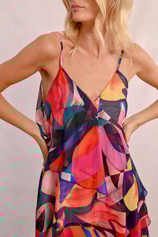 Abito con volant - Rosa scuro e petrolio