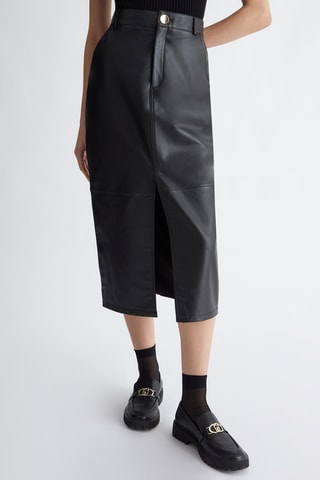 Jupe droite en cuir d’agneau taille haute - Noir