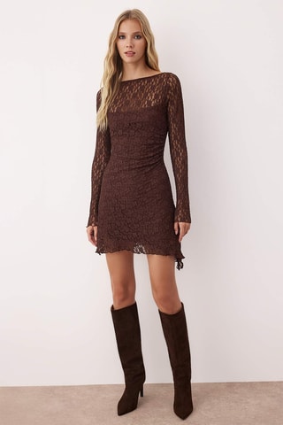 Robe droite en dentelle - Marron