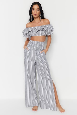 Crop top volanté et pantalon taille haute - Gris