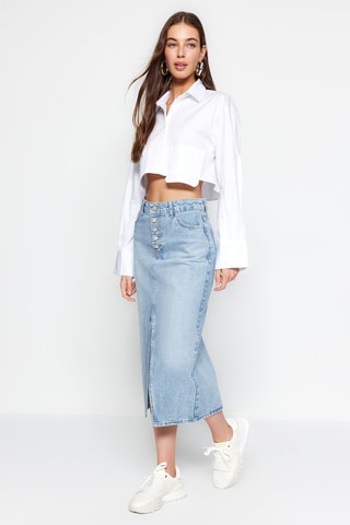 Jupe droite en jean taille haute - Bleu