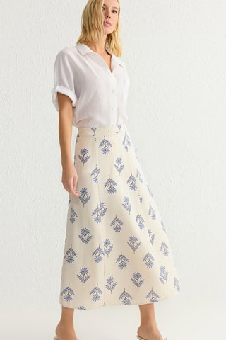 Jupe midi en lin - Ecru et bleu