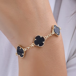 Pulseira trevo - Latão banhado a ouro e pedras de madrepérola - Preto