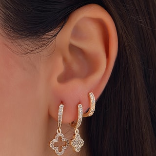 Trio de brincos pendentes - Latão banhado a ouro e zircão Padrão de trevos 