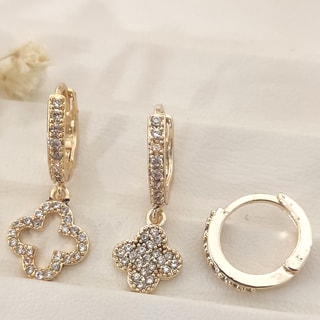 Trio de brincos pendentes - Latão banhado a ouro e zircão Padrão de trevos 