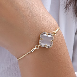 Pulseira trevo - Latão banhado a ouro, pedras de olho de gato e zircão - Branco 