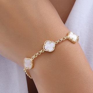 Pulseira trevo Latão banhado a ouro e pedras de madrepérola - Branco