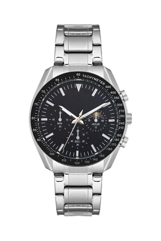 Relógio de quartzo em aço - Prateado e preto - Taquímetro.