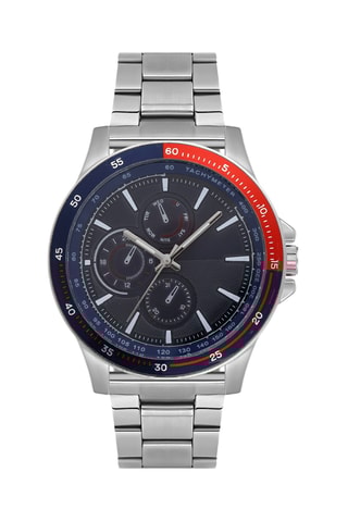 Relógio de quartzo em aço - Prateado, azul e vermelho - Taquímetro.