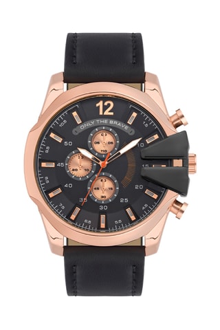 Relógio de quartzo em couro sintético - Dourado-rosa e preto - Cronógrafo