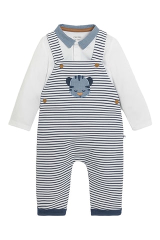 Jardineiras e body - Azul e branco - Obaibi