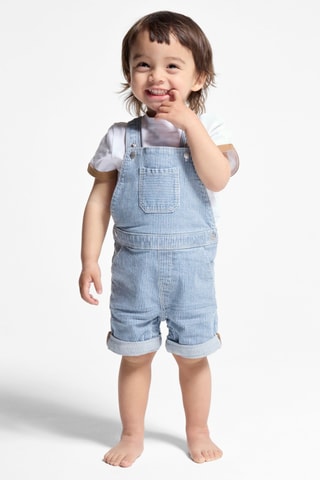 Jardineiras-calções e t-shirt - Azul e branco - Obaibi