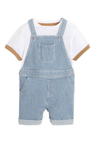 Jardineiras-calções e t-shirt - Azul e branco - Obaibi