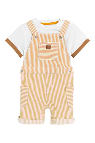 Jardineiras e t-shirt - Amarelo e branco - Obaibi