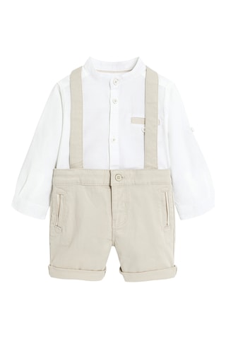 Jardineiras-calção e camisa - Bege e branco - Obaibi