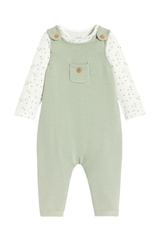 Jardineiras e body - Verde-claro e branco - Obaibi