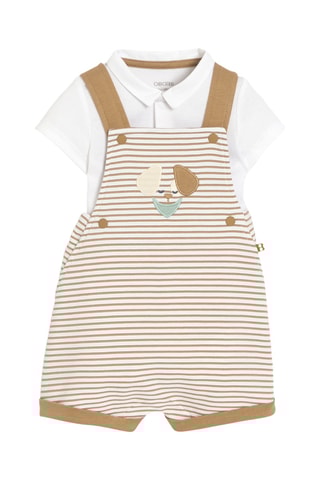 Jardineiras-calção e body - Bege e branco - Obaibi