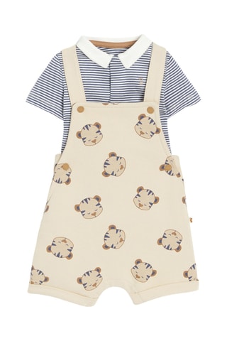 Jardineiras-calção e body - Bege e azul - Obaibi