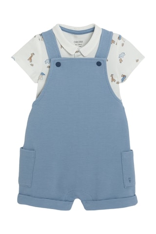 Jardineiras-calção e body - Azul e branco - Obaibi