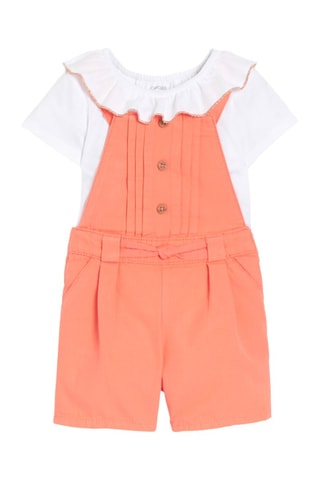 Jardineiras-calções e t-shirt - Coral e branco 