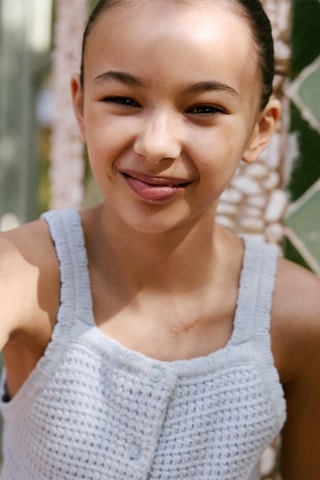 Top maille boutons - Bleu clair