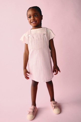 Robe chasuble en jean rayures - Beige