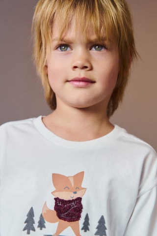 T-shirt coton détail brodé - Blanc cassé