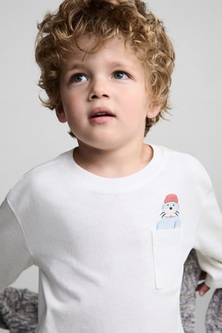 T-shirt coton détail brodé - Blanc cassé
