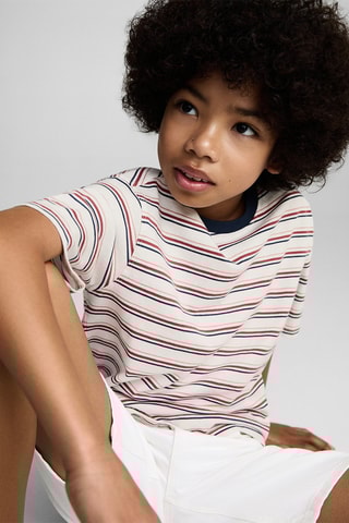 T-shirt coton à rayures - Blanc cassé