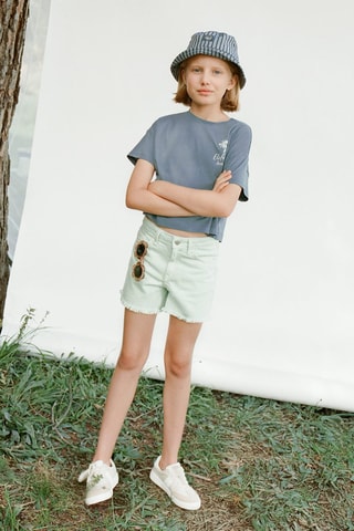 Short en jean revers effilochés - Vert d'eau