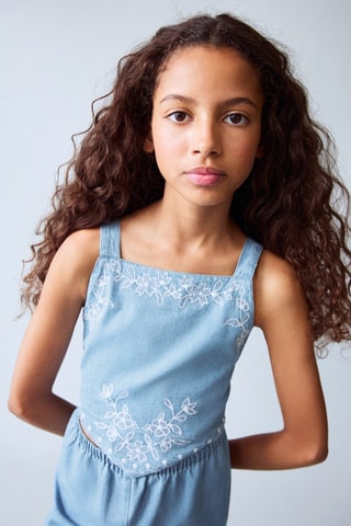 Combinaison en jean détail brodé - Bleu