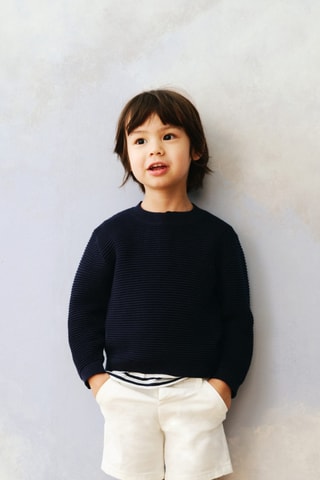 Pull en maille coton à relief - Bleu marine