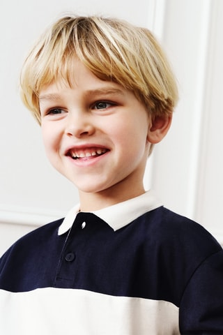 Polo coton à rayures - Bleu marine