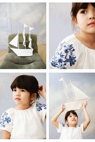 Blouse brodée manches bouffantes - Blanc