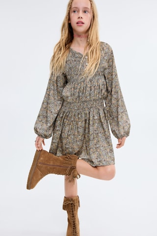 Robe froncée à fleurs - Vert foncé