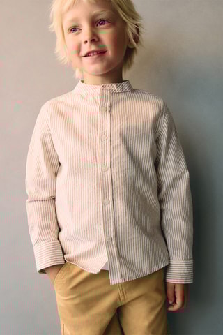 Chemise col mao à rayures - Beige