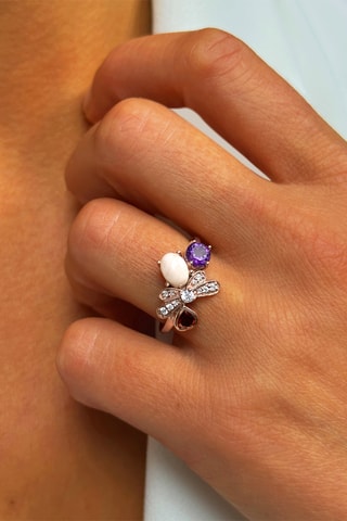 Bague - Argent plaqué or jaune, opale, améthyste africaine et grenat