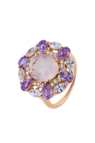 Bague - Argent plaqué or rose, quartz et améthyste