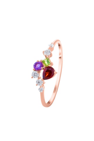 Bague - Argent plaqué or rose, grenat, péridot et améthyste