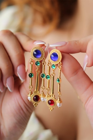 Pendientes bañados en oro fino amarillo - Perla, lapislázuli y malaquita