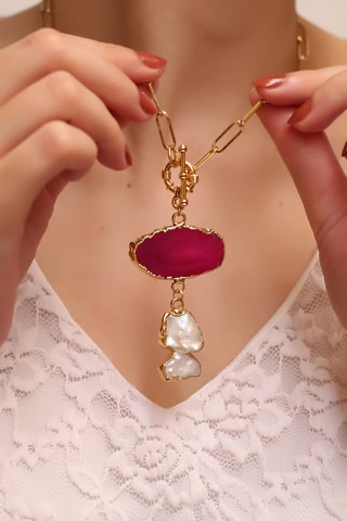 Collar bañado en oro fino amarillo - Ágata y perla cultivada