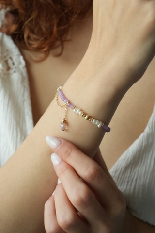 Armband - Doublé Geelgoud, Cultivéparels en Amethisten