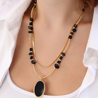 Ketting - Messing Doublé Goud. Onyx & Agaat