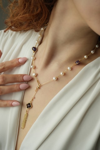 Ketting - Doublé Geelgoud, Cultivéparels en Amethisten