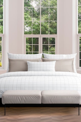 Taie de traversin en satin de coton 80 fils/cm² Carreaux - Blanc et taupe