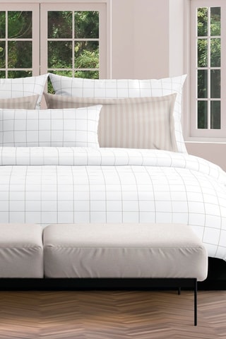 Parure de couette en satin de coton 80 fils/cm² Carreaux - Blanc et taupe