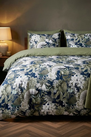 Parure de couette en satin de coton 80 fils/cm²  Jardin Orné - Bleu foncé